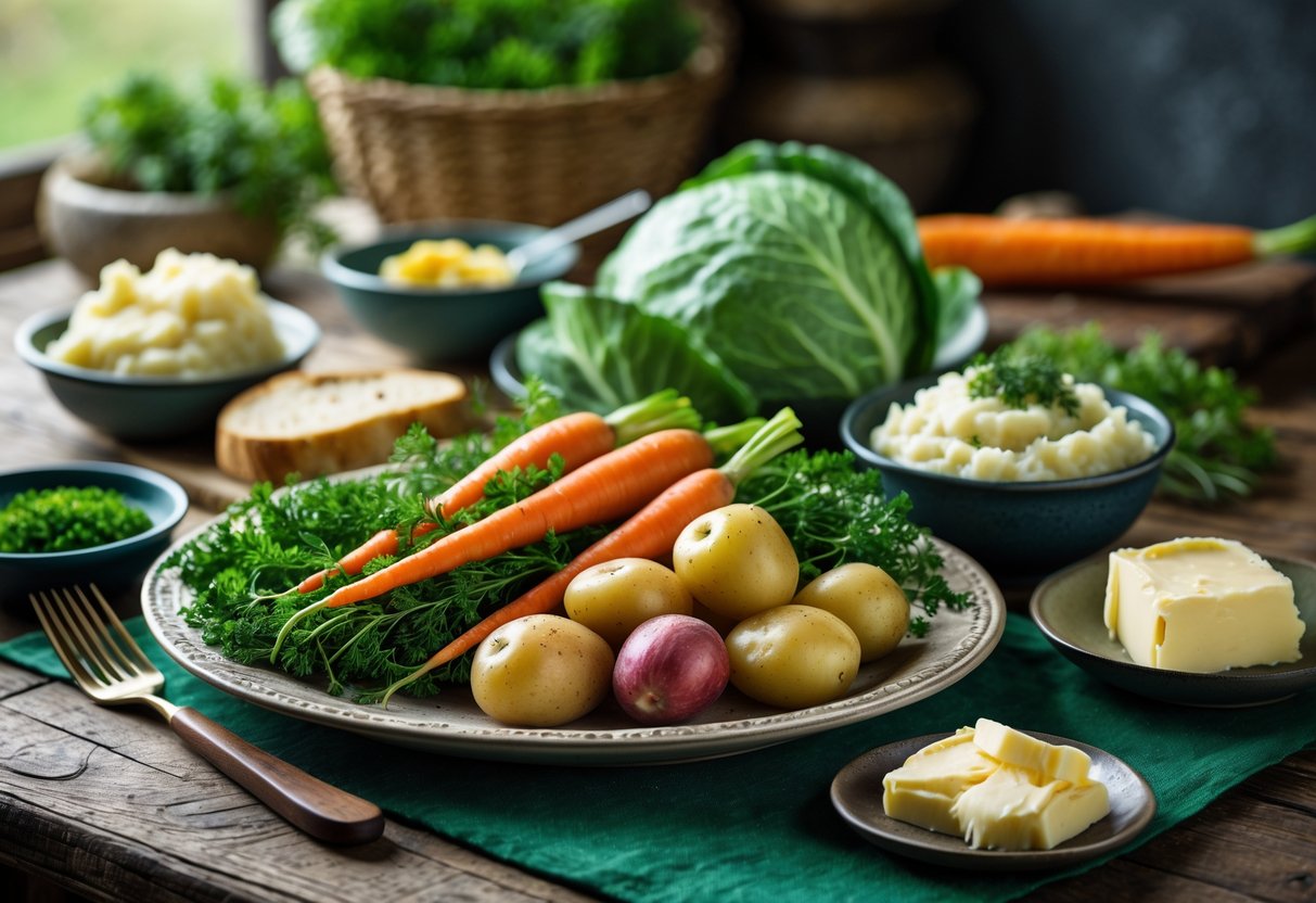 A rustic table displaying fresh vegetables and traditional Irish accompaniments arranged as part of an authentic Irish meal.