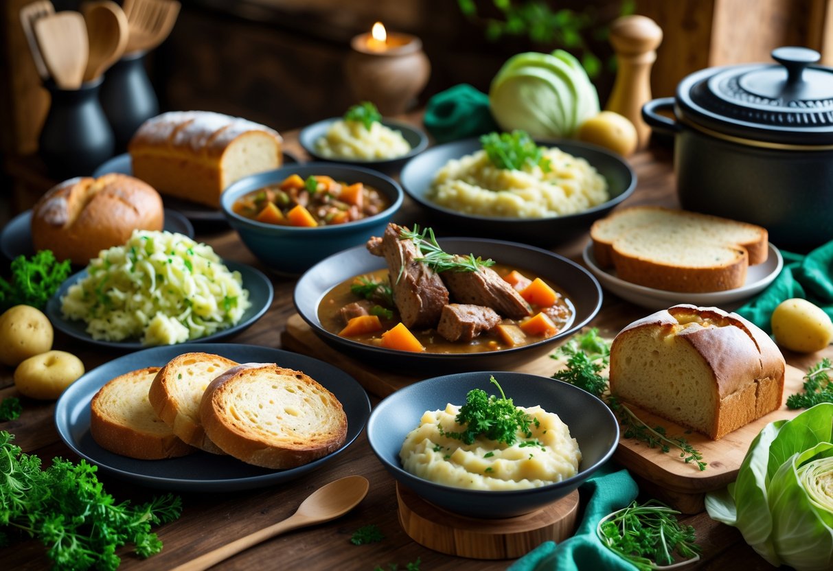 A table displaying traditional Irish dishes including soda bread, Irish stew, colcannon, and brown bread with fresh vegetables and herbs in a cozy kitchen setting.
