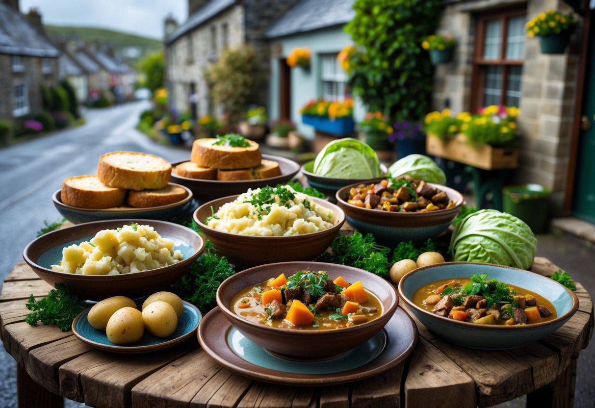 A wooden table displaying traditional Irish dishes with fresh ingredients, set against a backdrop of a quaint village street with stone cottages and flowers.