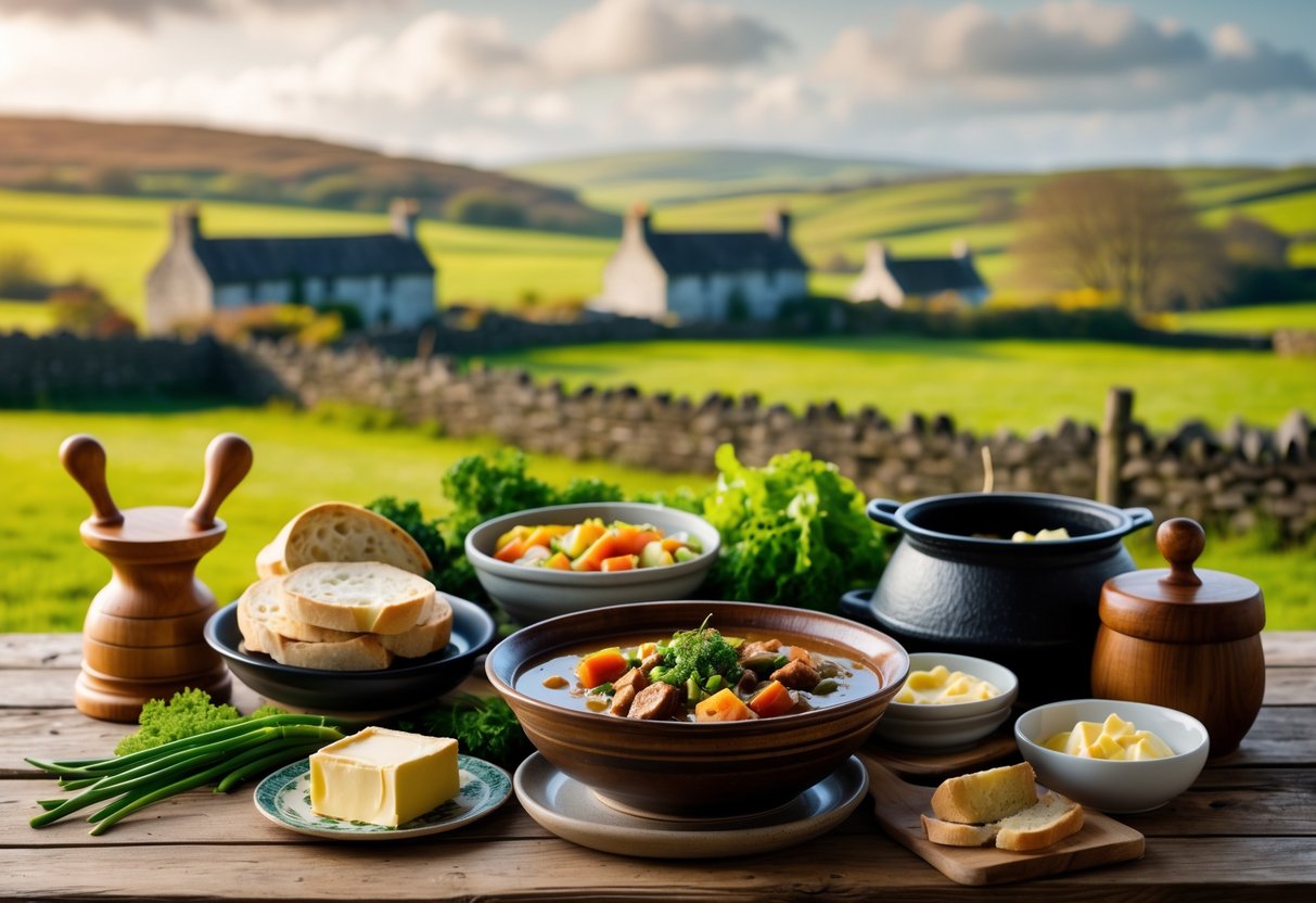 A rustic outdoor table in the Irish countryside displaying traditional Irish dishes like stew, soda bread, and fresh vegetables with stone cottages and green hills in the background.