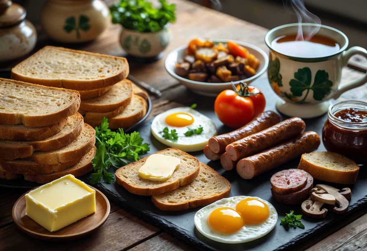 A traditional Irish breakfast spread on a wooden table including soda bread, sausages, rashers, black and white pudding, eggs, tomatoes, mushrooms, and a cup of tea.