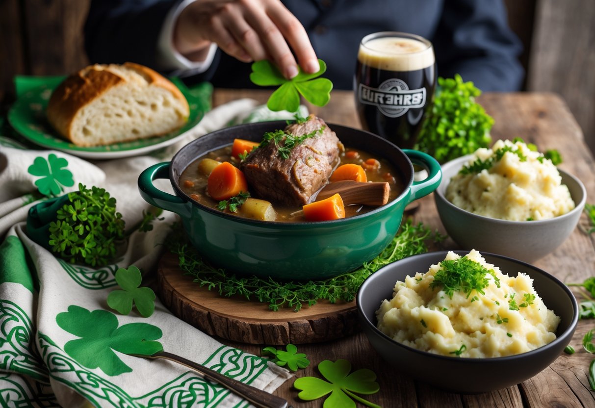 A rustic table set with traditional Irish dishes including stew, soda bread, and colcannon, with a hand pouring a glass of Irish stout and shamrocks nearby.