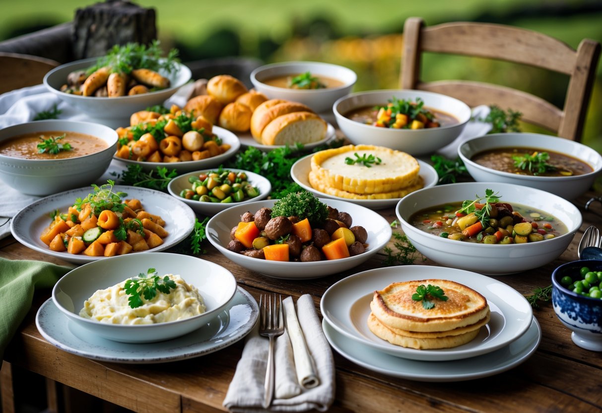 A table displaying a variety of traditional Irish dishes from different regions, including seafood, stews, soda bread, and vegetables.