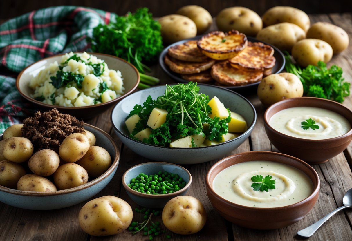 A table with various traditional Irish potato dishes including colcannon, boxty pancakes, roast potatoes, and potato soup, surrounded by fresh potatoes and herbs.