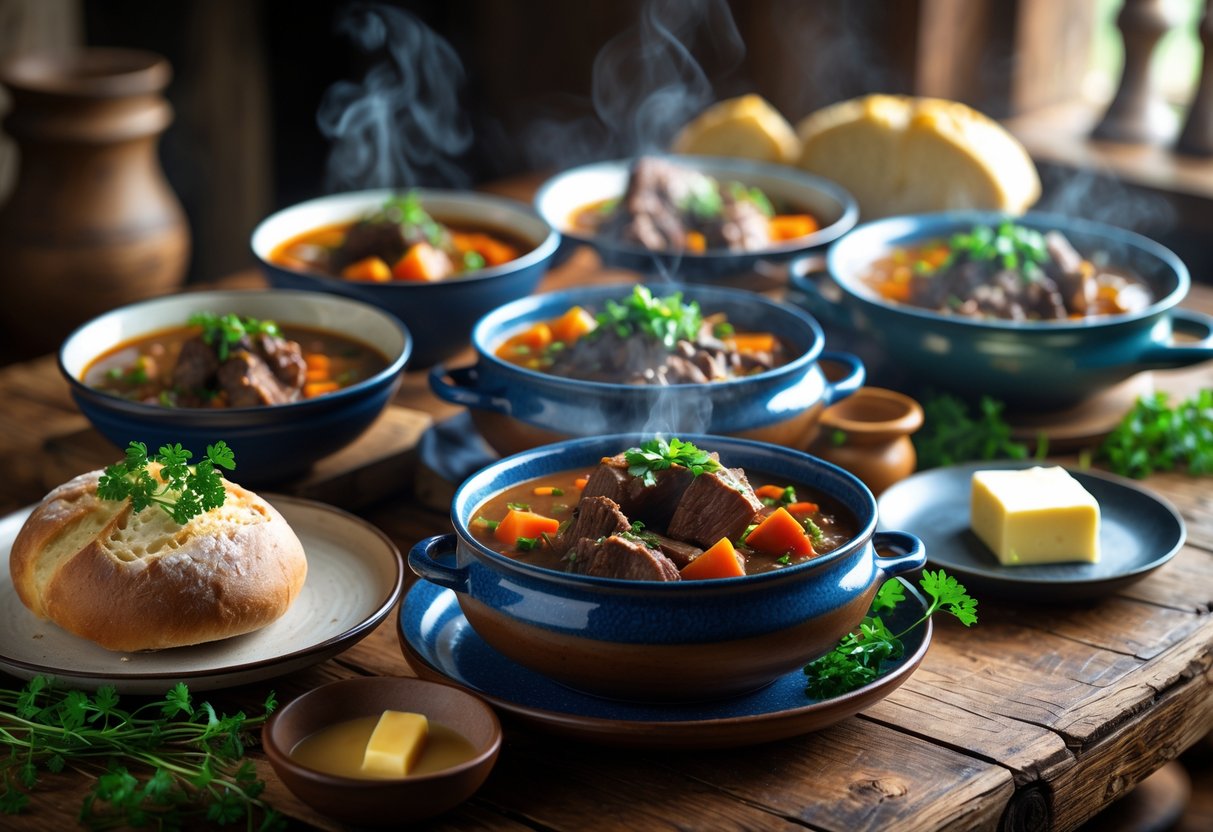 A table displaying several bowls of Irish stews with root vegetables, soda bread, and fresh herbs in a warm, cozy setting.