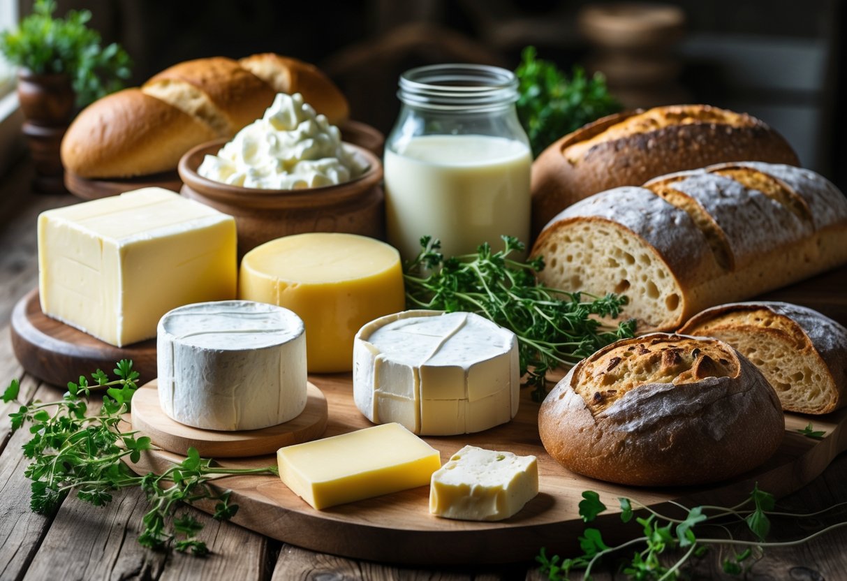A table displaying various Irish dairy products and breads including butter, cheeses, buttermilk, and different types of traditional breads.