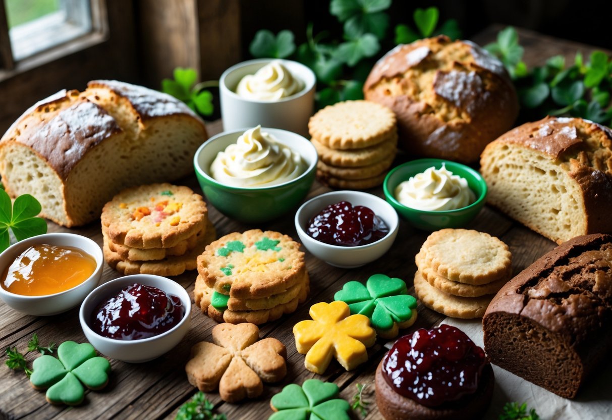 A wooden table displaying a variety of traditional Irish sweets and baked goods with small bowls of cream, jam, and honey.