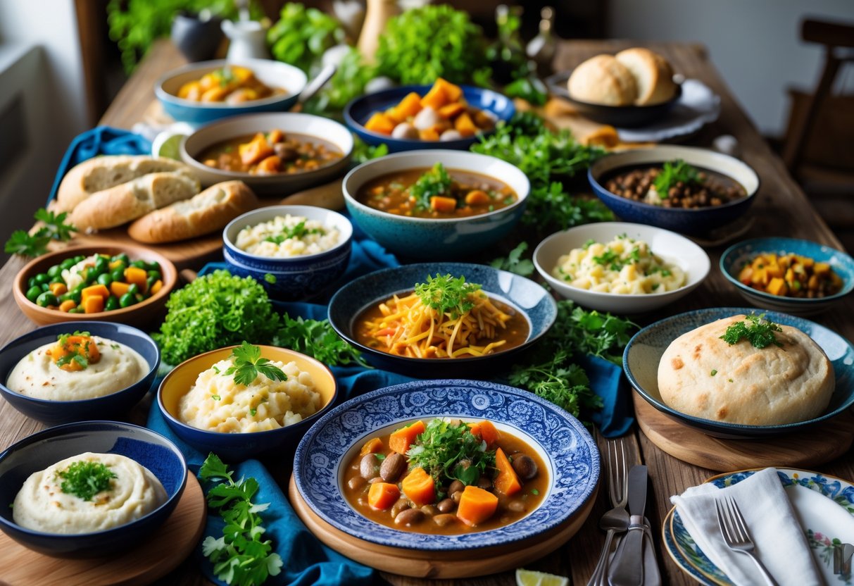 A table displaying a variety of traditional Irish dishes with fresh ingredients, representing different regional foods from Ireland.