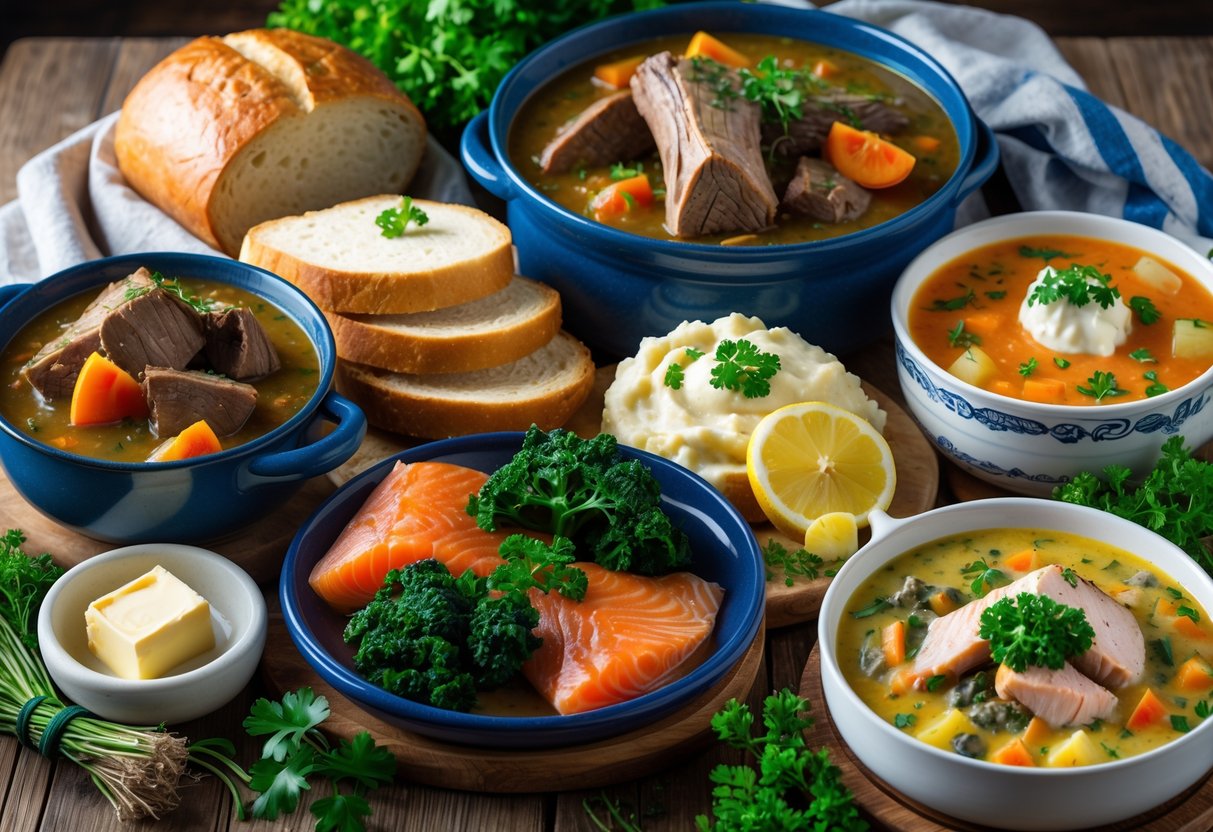 A table displaying a variety of traditional Irish dishes including stew, soda bread, colcannon, smoked salmon, and seafood chowder with herbs on a rustic wooden surface.