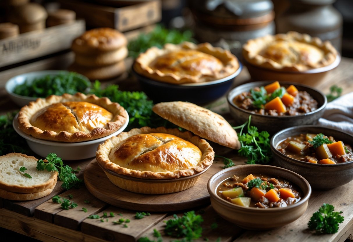 A wooden table displaying Irish meat pies, savory bakes, soda bread, and bowls of stew with fresh herbs.