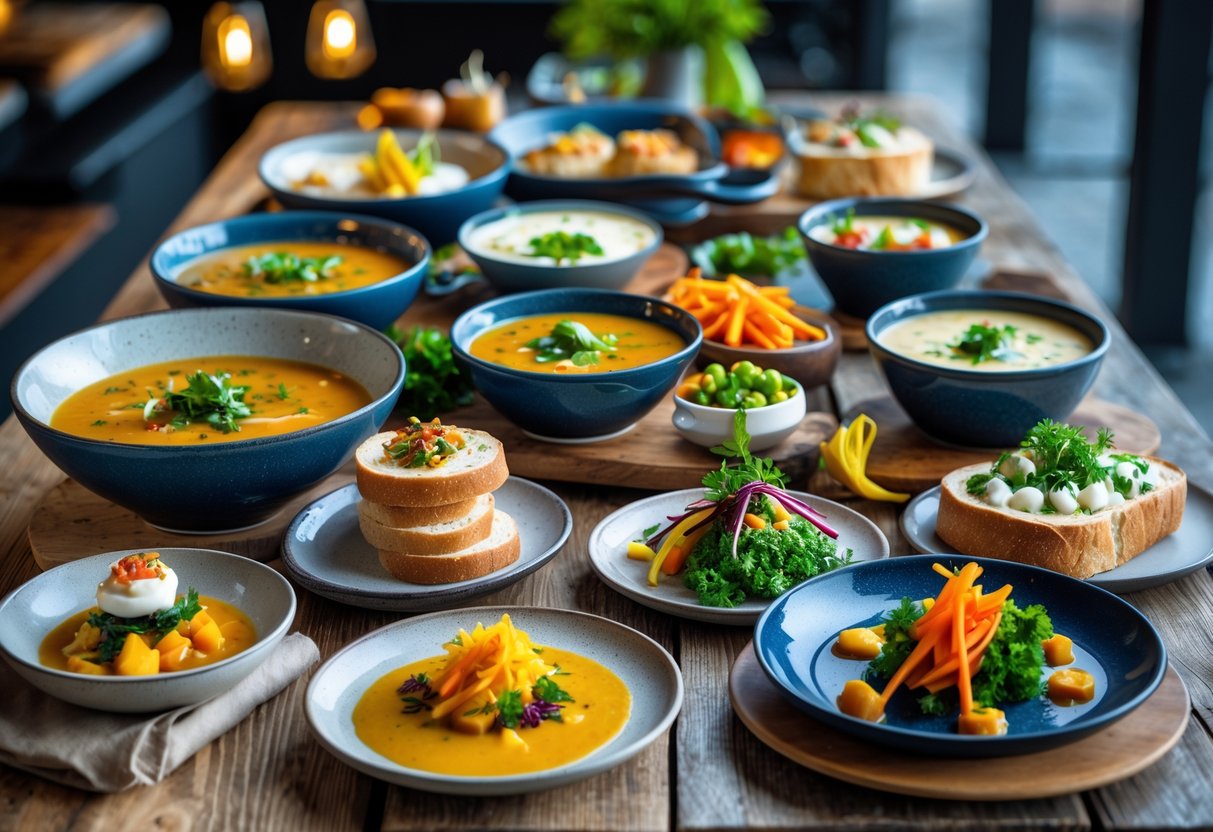 A table displaying a variety of modern Irish dishes including seafood chowder, artisan bread, and fresh vegetable sides in an urban dining setting.