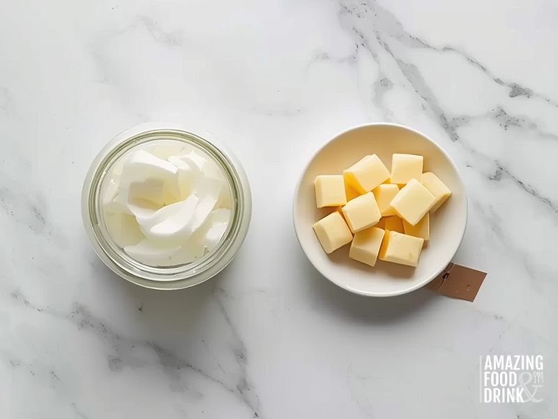 Side by side comparison of coconut oil in jar and cacao butter chunks showing ingredient differences for dairy-free chocolate
