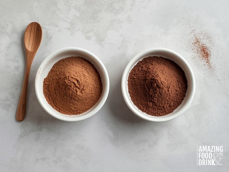 Raw cacao powder and Dutch-processed cocoa powder in white bowls showing colour and texture differences