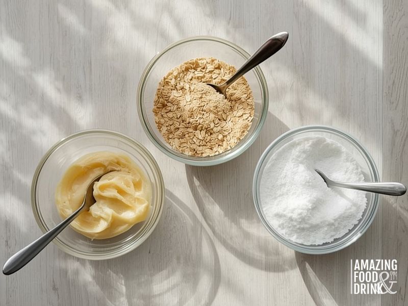 Three key ingredients for creamy dairy-free chocolate - cashew butter, toasted oat flour, and coconut milk powder in glass bowls
