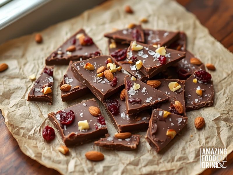Homemade dairy-free chocolate bark with nuts and dried fruit on parchment paper