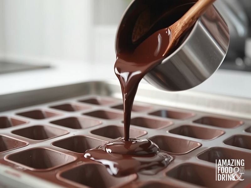 Pouring melted dairy-free chocolate mixture into silicone moulds for setting