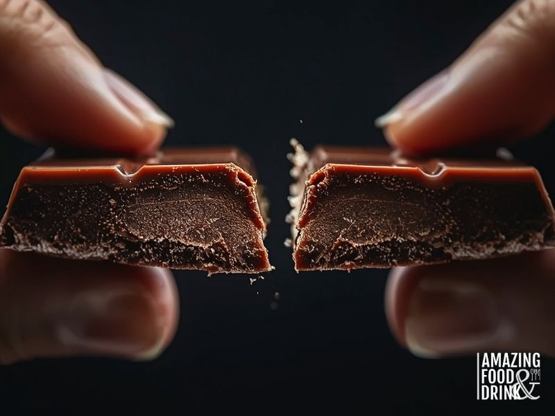 Macro photograph of tempered dairy-free chocolate bar being snapped showing clean break and glossy finish