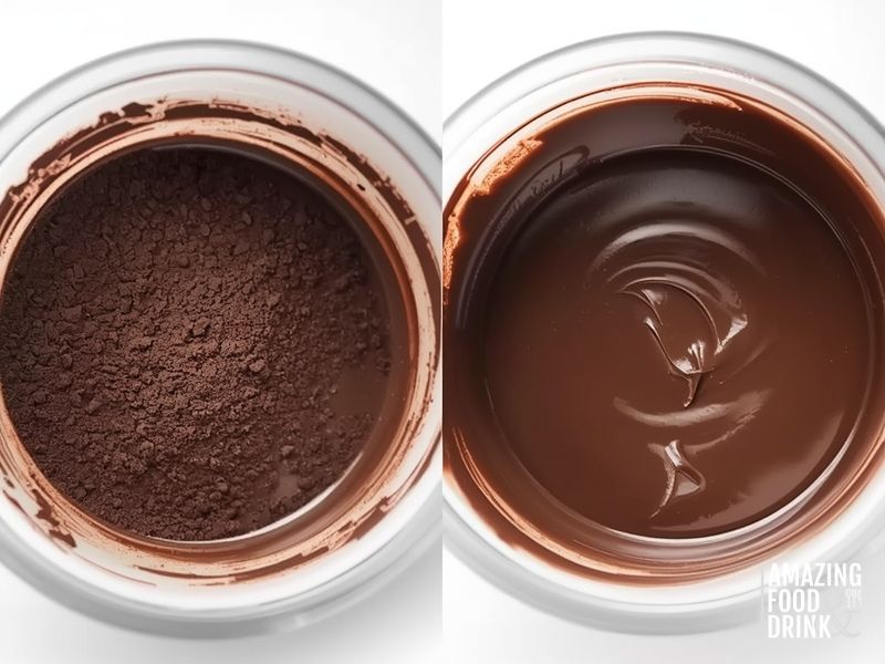 Comparison showing seized grainy chocolate versus smooth properly made dairy-free chocolate