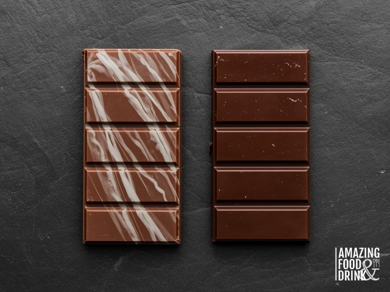Chocolate bar with fat bloom showing white streaks compared to properly tempered glossy bar