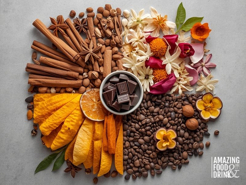Seasonal ingredients for dairy-free chocolate arranged in quadrants showing winter spices, spring citrus, summer fruits, and autumn nuts