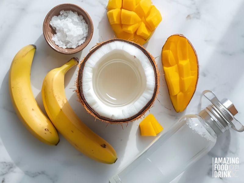 A coconut with coconut water, sliced mango, two bananas, a bowl of salt, and a glass water bottle are arranged on a white surface.