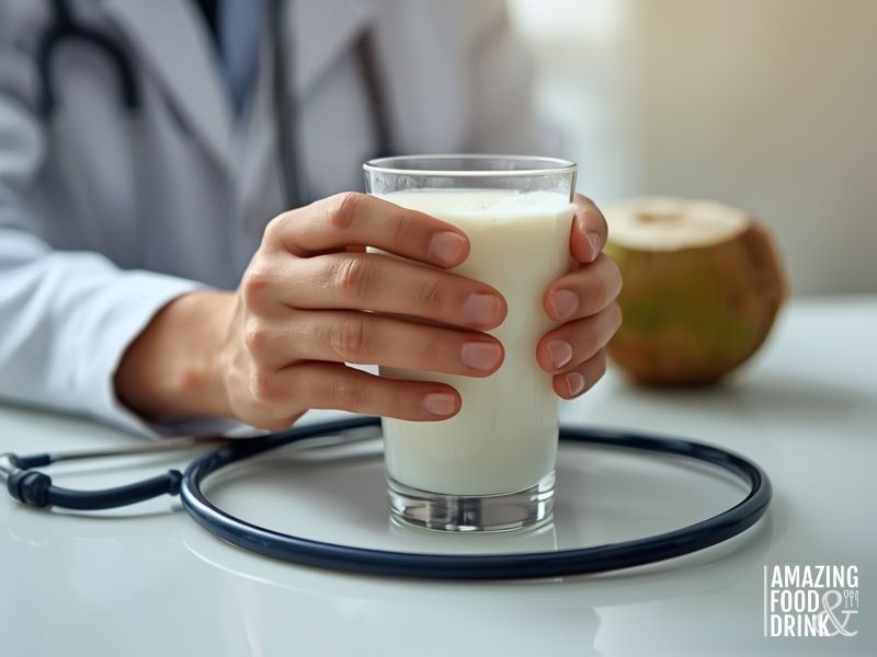 A person in a white coat holds a glass of milk with a stethoscope on the table and coconut water in the background.