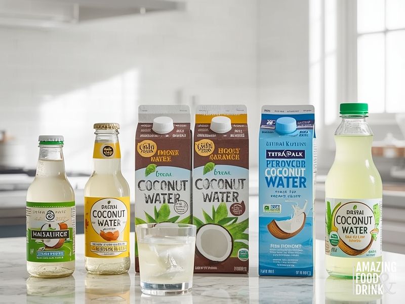 Various packaged coconut water brands in glass bottles and cartons displayed on kitchen counter with glass