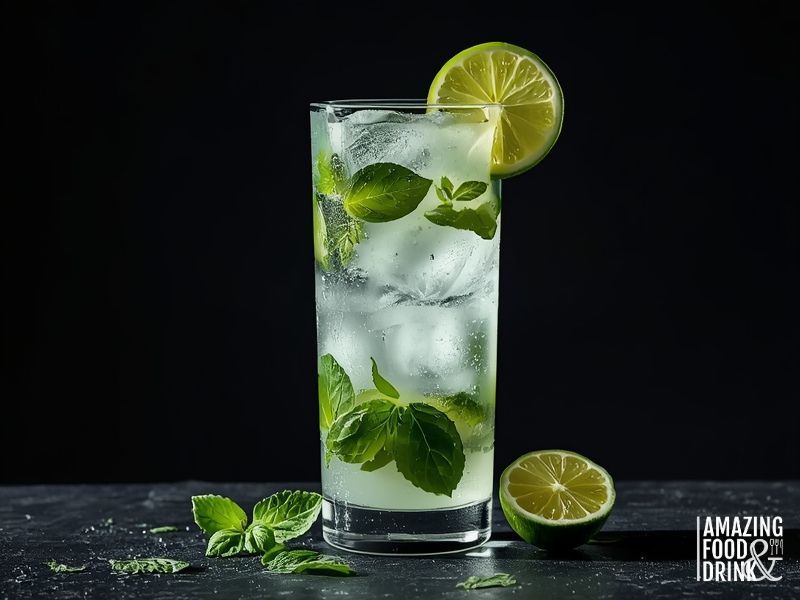 A tall glass filled with a clear, iced coconut water drink garnished with mint leaves and lime slices, against a black background. A halved lime and mint leaves rest beside the glass.