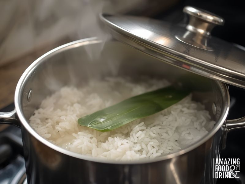 A pot of white rice is cooking on the stove with steam rising and a green pandan leaf placed on top, infused with coconut water. The pot&rsquo;s lid is partially open.