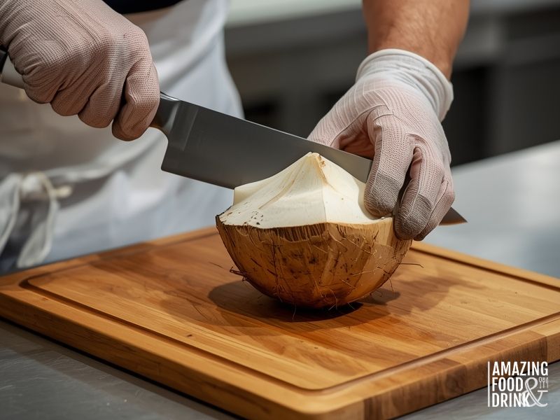 A person wearing gloves uses a knife to cut the top off a coconut on a wooden cutting board, preparing to enjoy fresh coconut water.
