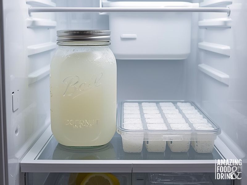 A mason jar filled with coconut water and a closed ice cube tray are placed on a refrigerator shelf.