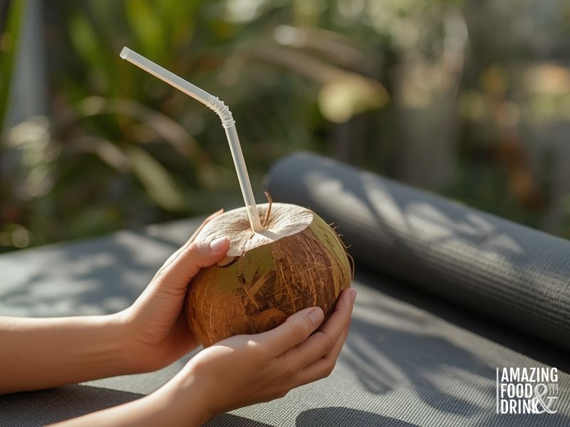 A person holds a coconut with a straw on a gray mat outdoors, enjoying fresh coconut water from the top that's been cut open for easy drinking.