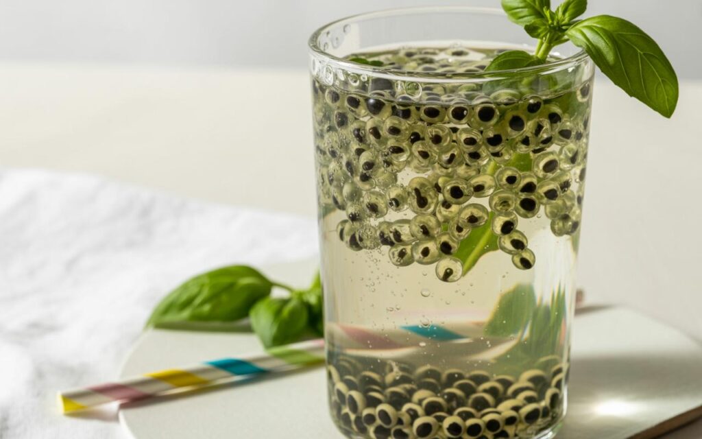 A glass of clear Basil Seed Drink with soaked basil seeds and a fresh basil leaf garnish, placed on a white surface with two colorful straws nearby.