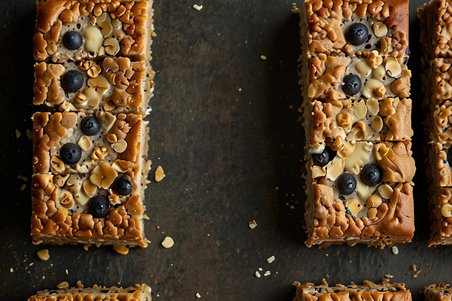 Rectangular Dairy-Free Breakfast Bars topped with almond slices and blueberries are arranged in rows on a dark surface.