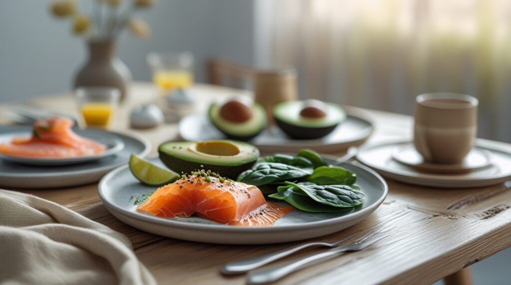 A breakfast table with plates of fresh salmon, avocado halves, spinach leaves, lime wedges, coffee cups, and glasses of orange juice&mdash;perfect for an egg-free Keto breakfast.