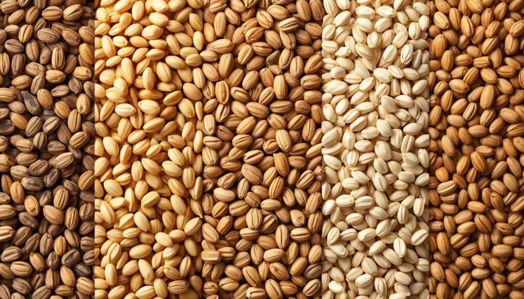 Rows of assorted whole grains in different shades of brown and beige are arranged closely side by side, showcasing the variety found in granola and nut-free granola mixes.