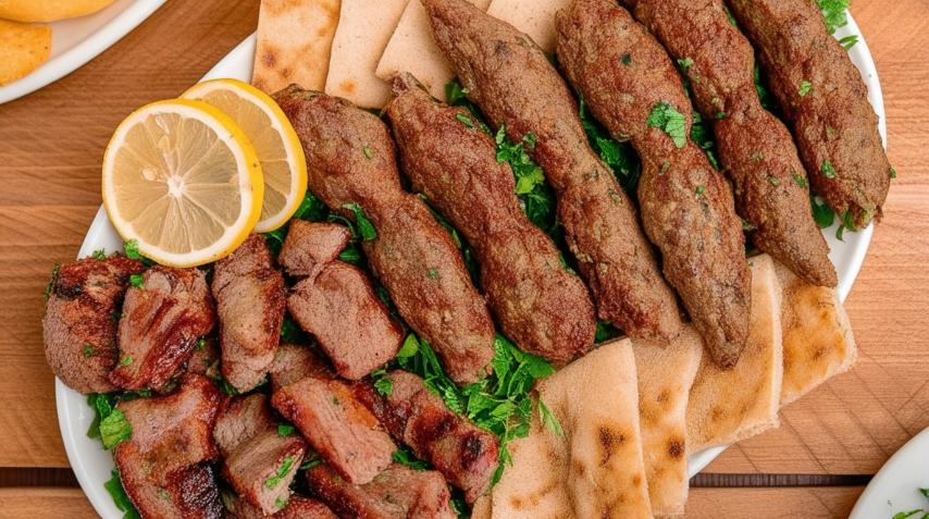 A plate with grilled beef kebabs, pieces of grilled meat, flatbread, fresh parsley, and lemon slices showcases a classic Egyptian dish on a wooden table.