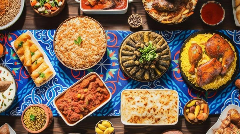 A table set with various Middle Eastern and Egyptian cuisine, featuring rice, baked goods, grilled meats, dips, stuffed vegetables, nuts, and colorful garnishes on a patterned tablecloth.