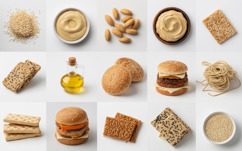 Grid of sixteen images displaying sesame seeds, tahini, almonds, hummus, sesame crackers, olive oil, sesame buns, hamburgers, noodles, breadsticks, and sesame-topped cookies&mdash;ideal for exploring sesame flavors or noting potential sesame allergy.