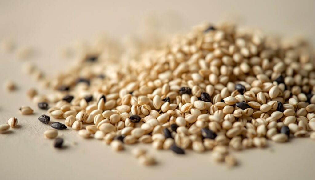 A close-up of a small pile of white and black Sesame seeds on a neutral surface, perfect for recipes&mdash;please be mindful if you have a sesame allergy.