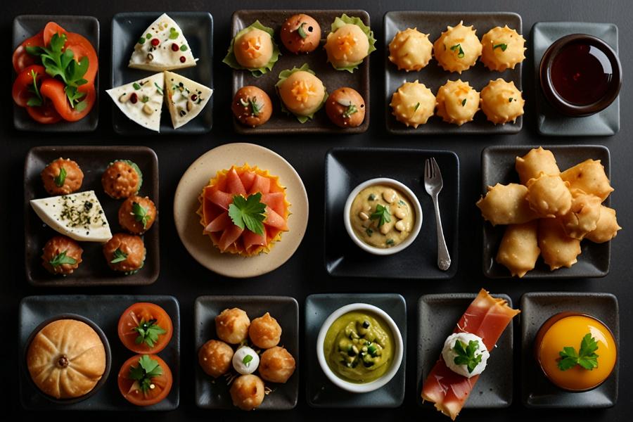 A variety of the tastiest appetisers, including bite-sized snacks, cheeses, dips, and garnished treats, are arranged neatly on black trays atop a dark surface.