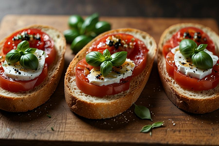 Three slices of bread topped with tomato, mozzarella, basil leaves, and seasoning make a classic appetiser, beautifully arranged on a wooden board.