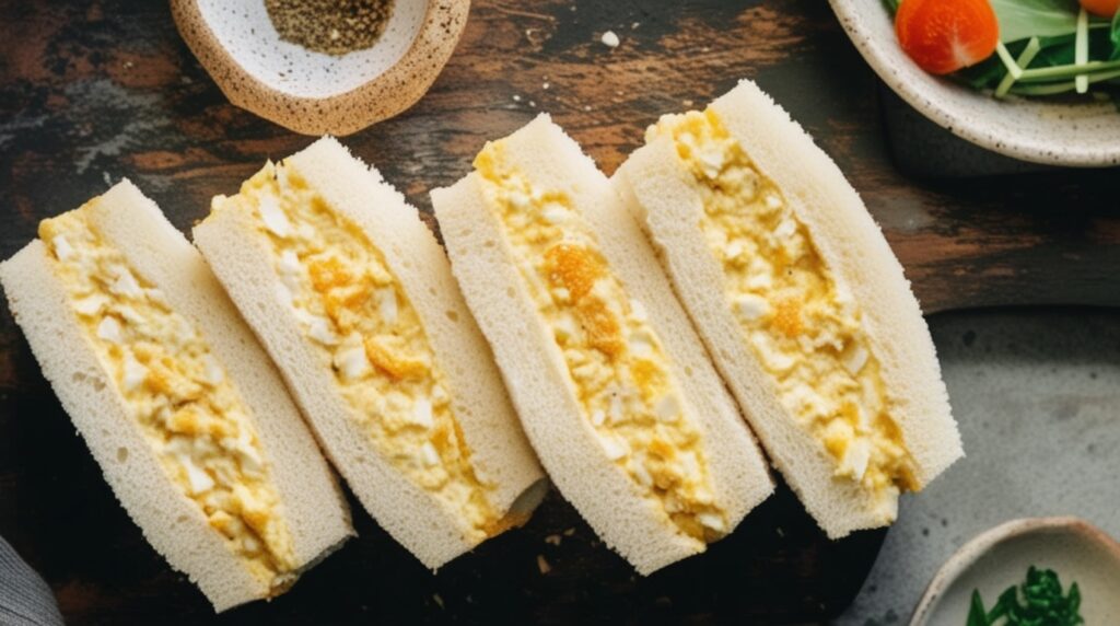 Four egg salad finger sandwiches made with white bread are arranged side by side on a dark wooden surface.