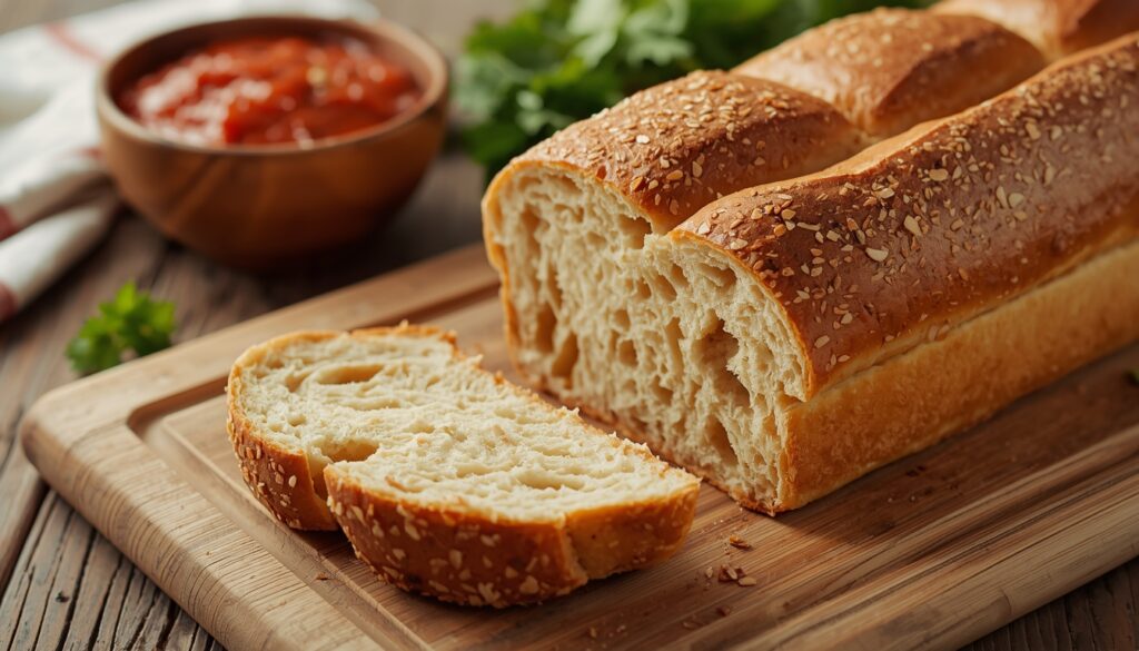 A loaf of sesame seed bread, perfect for making tea sandwiches, is partially sliced on a wooden cutting board, with a bowl of tomato sauce and herbs in the background.
