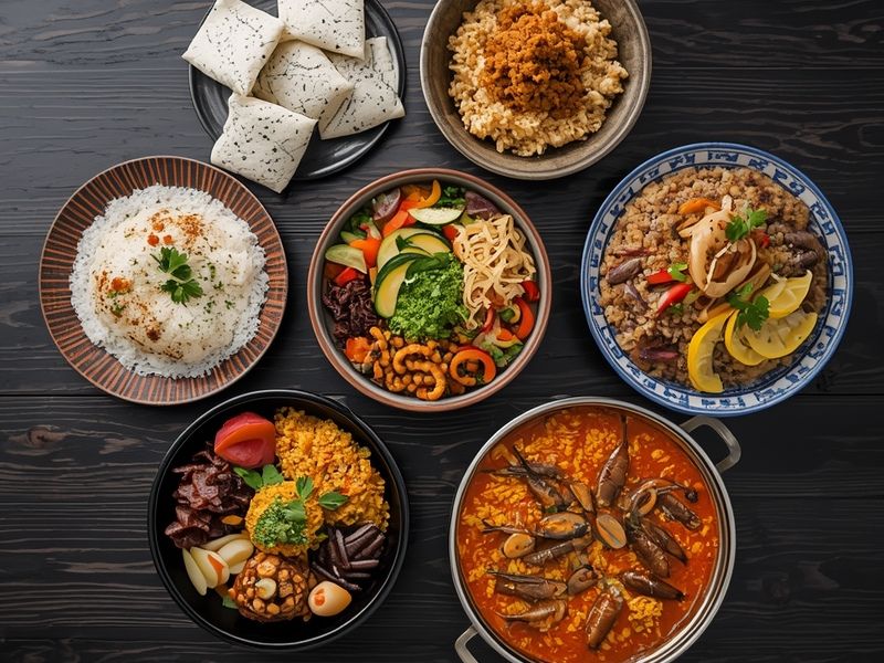 Collection of rice recipes from around the world including onigiri, bibimbap, biryani, tahdig, paella, and Jollof rice arranged on wooden table