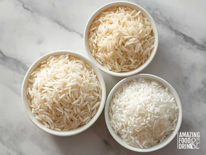 Three types of rice displayed in bowls showing Basmati long-grain, Arborio short-grain, and glutinous sticky rice varieties