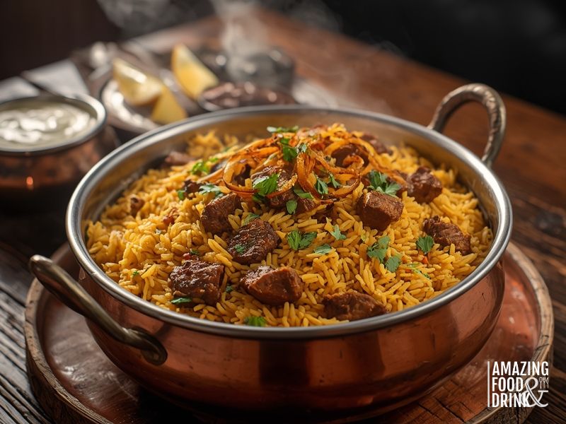 Authentic Hyderabadi dum biryani with saffron rice, meat, fried onions and fresh herbs in traditional handi pot