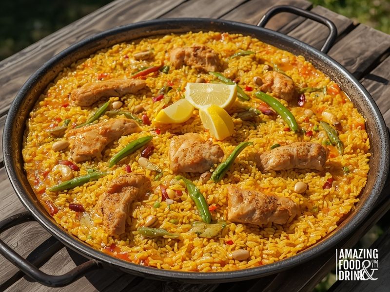 Spanish paella Valenciana in traditional pan with saffron rice, chicken, green beans and crispy socarrat