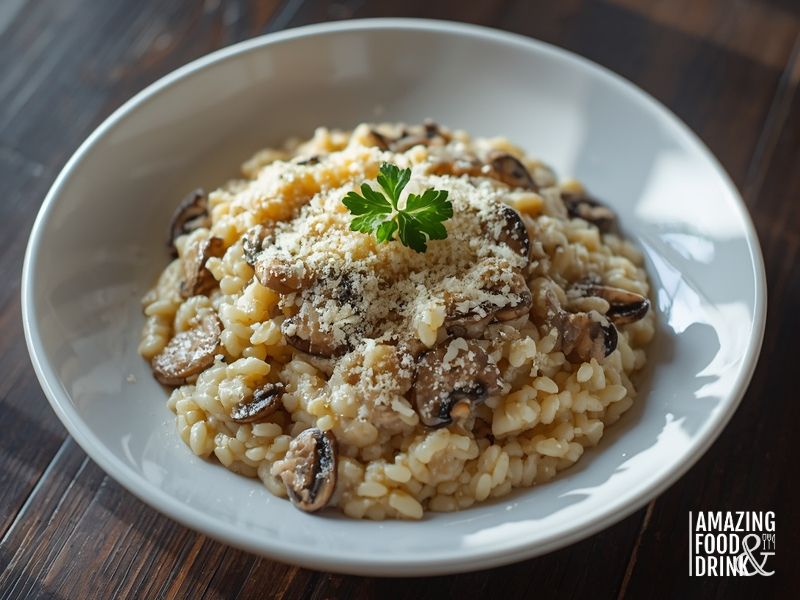 Italian mushroom risotto with creamy texture, Parmesan cheese and fresh parsley in white bowl