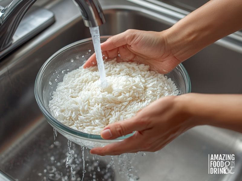 Washing rice under running water in glass bowl to remove excess starch before cooking